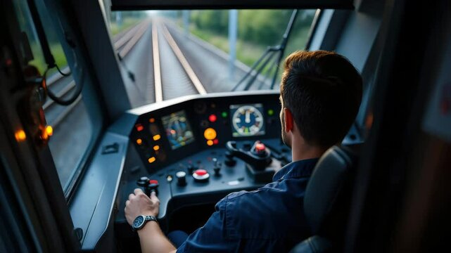 Inside the train cabin, a focused operator manages the controls as the sun rises, illuminating the tracks ahead. The operator ensures a smooth journey through scenic landscapes