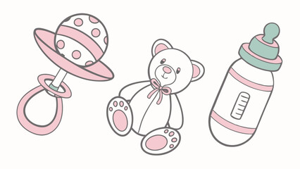 Vector illustration of baby toys including a rattle, teddy bear, and bottle, representing early childhood and parenting