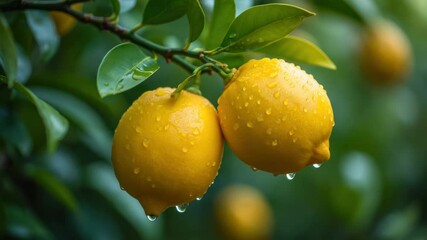 Juicy lemons cling to a verdant tree, glistening with droplets of water from the early morning dew, surrounded by green leaves in a serene garden setting - Powered by Adobe