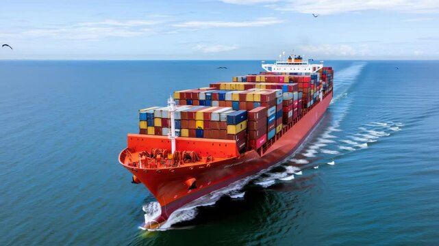 A large container ship moves through calm ocean waters, carrying vibrant cargo containers. Seagulls can be seen flying in the clear blue sky on a bright day