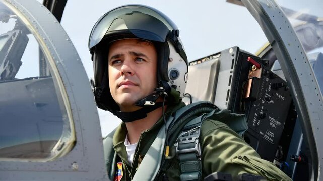 A skilled fighter pilot sits in the cockpit of an aircraft, securing his helmet and checking instruments while preparing for an important mission at the base