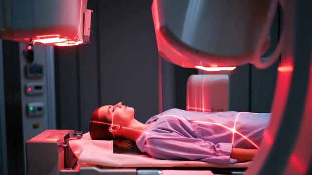 A young woman lies calmly on a treatment table as state-of-the-art radiotherapy equipment administers precise radiation therapy. The sterile environment enhances focus on her care