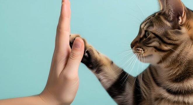 Friendly feline extends paw for a high five with a human on a soft blue background demonstrating companionship and the bond between people and their pets.