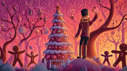 A creative whimsical image of a nutcracker soldier and gingerbread men dancing around a decorated tree in a magical forest, sunset glow, imaginative style