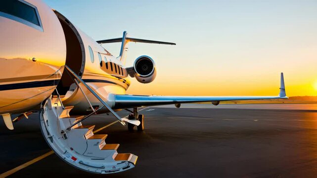 A luxurious private jet sits on the tarmac ready for departure as the sun sets in the background. The scene captures the elegance of private air travel and upscale lifestyle