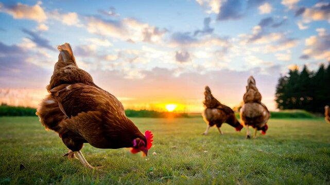 A group of chickens forage on lush green grass as a stunning sunset paints the sky with colors. The scene captures the serene beauty and peacefulness of farm life at dusk