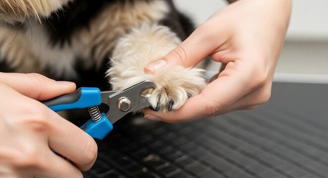 Gentle hands trim a fluffy dog's nails with blue clippers during pet grooming, ensuring comfort and health for a happy canine companion.