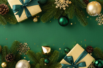 Fototapeta premium Celebratory holiday scene featuring gifts, pine branches, ornaments, and festive elements on a green background, evoking the spirit of Christmas and New Year celebrations