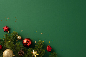 Fototapeta premium Christmas-themed image featuring ornaments, pine branches, and a festive green background symbolizing holiday celebrations
