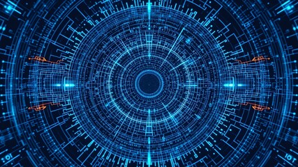 Fototapeta premium Abstract digital circular interface with glowing blue lines and orange accents against a dark background symbolizing technology and data