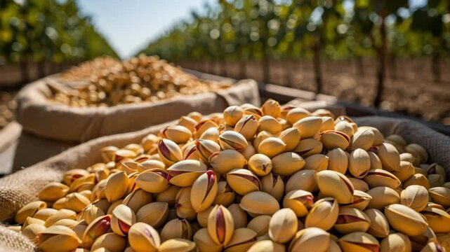 Pistachios are being harvested in a lush orchard under warm sunshine. Workers gather and sort the nuts into large burlap bags while enjoying a productive afternoon in nature