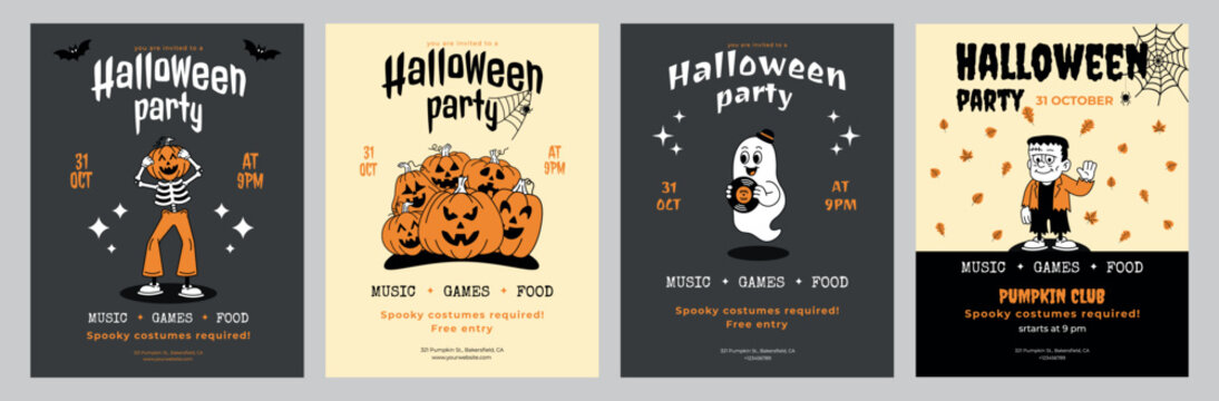 A set of retro  halloween party invitations. A cute ghost, a pumpkin with faces,a skeleton and a frankenstein. Spooky vector illustrations. 