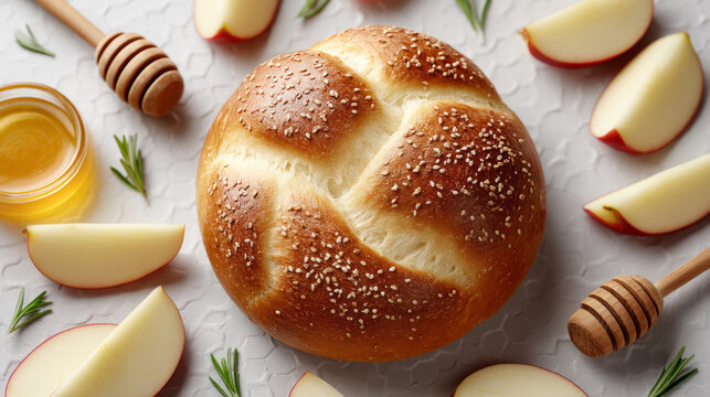 Top view of round challah surrounded by apple slices and honey on white background
