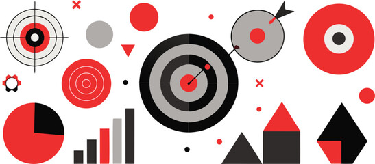 Obraz premium Vector art of a collection of targets, charts, and geometric shapes representing business goals and data.