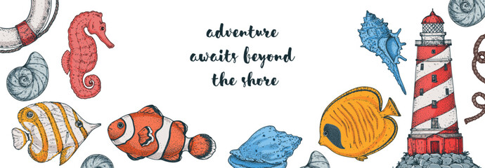 Nautical sketch. Vintage hand-drawn marine illustrations featuring an lighthouse, sea horse, seashells, starfish, and more. Vector illustration. Detailed ink sketch style with coastal vibes. © DiViArts