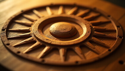 Warm-toned Wooden Sunburst Design: Intricate Carved Detail, Abstract Art, Craftsmanship