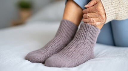 Close-up of elderly feet with discoloration in cozy indoor setting for health awareness