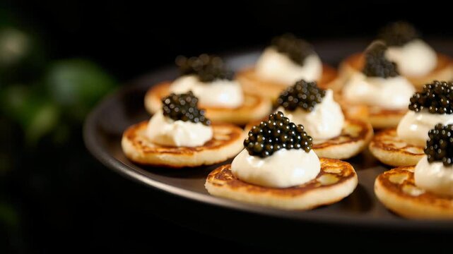 Culinary artistry is displayed with gourmet caviar served on soft blinis topped with a rich, creamy layer. This elegant dish is perfect for fine dining occasions and impresses guests with luxury