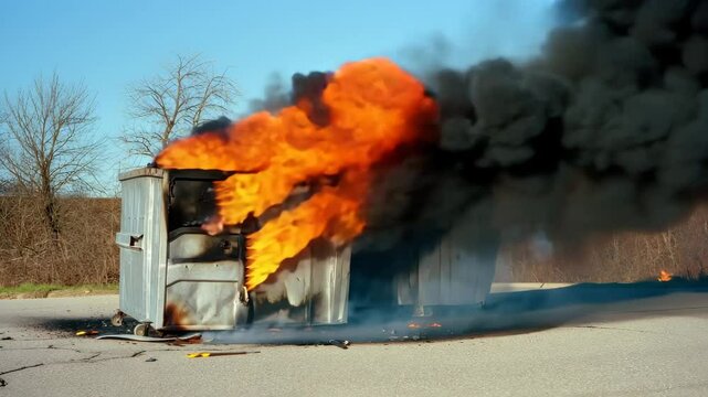 A dumpster catches fire along a roadside with bright flames and thick smoke rising into the air. Emergency responders rush to the scene to control the blaze amid clear skies