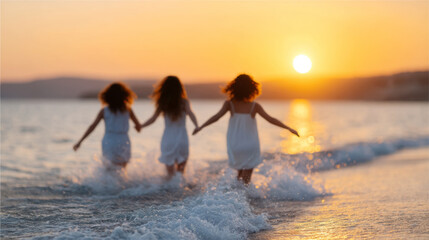 Fototapeta premium Teen friendship and joyful sunset adventure by the ocean waves