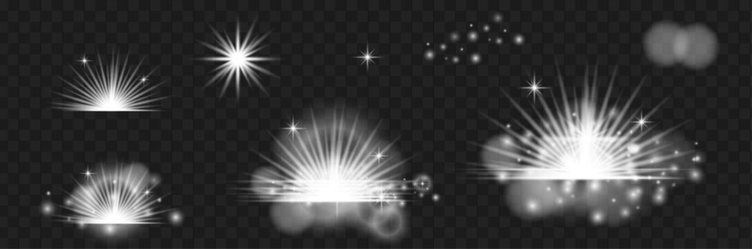 A set of realistic light effects on a transparent background. Shining stars, light rays, flashes, glitter, shine and soft glow. Ideal for festive and creative designs: New Year and Christmas cards