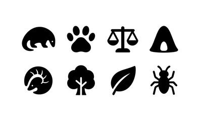 Fototapeta premium Nature and wildlife icons: animal, plant, and balance symbols in silhouette style