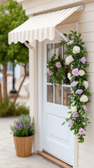 Spring floral garland adorning cafe entryway with vertical white door and awning