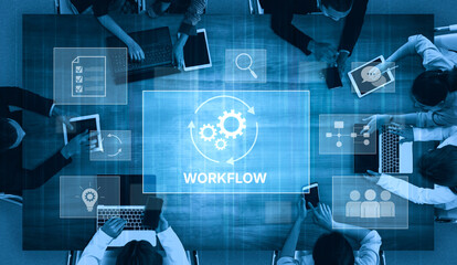 Workflow optimization concept featuring interconnected gears, task management, collaboration,...