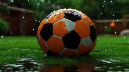 Fototapeta premium Rainy Day Soccer: Wet Field, Orange Ball