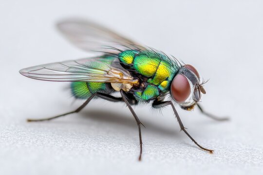 New World screwworm fly with vibrant green and yellow coloration, showcasing intricate wing details and large red eyes, perched on a light surface, highlighting its unique features