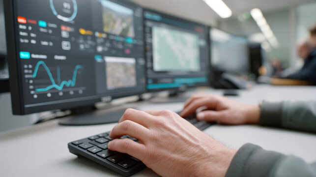 Surveillance hub control room with multiple camera feeds and digital dashboards for monitoring