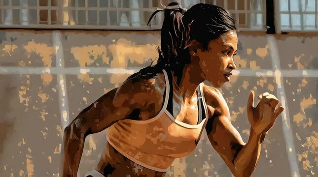 Determined female athlete explosively starting a sprint race on a track, demonstrating power and speed - Powered by Adobe