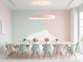 modern white and pink dining room design with wooden floor wall. 3d illustration