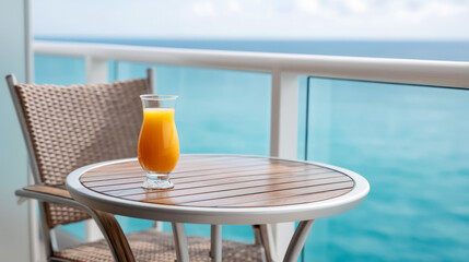Luxury suite balcony with ocean horizon and refreshing beverage