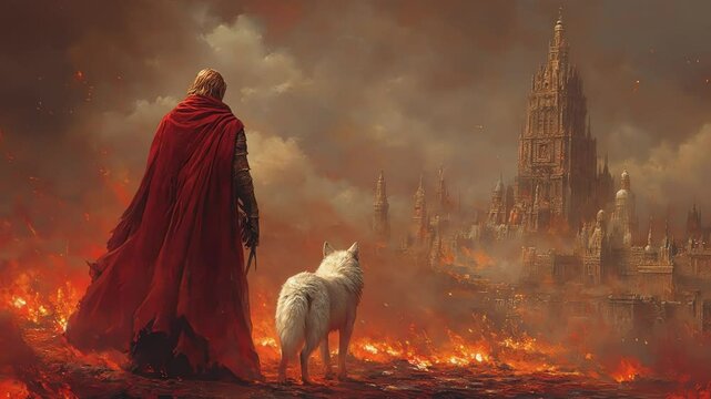 A figure with a red cape stands beside a white wolf before a burning city