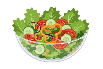 A colorful salad bowl design featuring fresh tomatoes, cucumbers, lettuce, and onions, perfect for nutrition-related graphics and healthy food content.