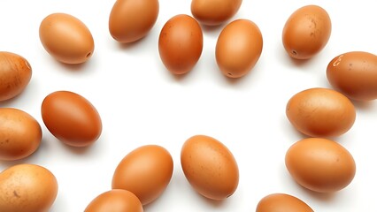 Brown eggs on a white surface, showcasing natural texture and subtle shadows in a minimalist composition.