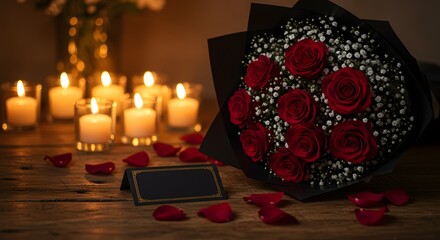 Obraz premium Romantic roses, candles, and petals create a warm ambiance, perfect for love, anniversary celebrations, or Valentines Day, evoking feelings of affection and passion.