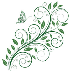 Elegant Green Floral Swirl with Butterfly – Nature-Inspired Decorative Design