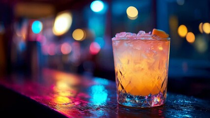 Orange cocktail drink in glass with crushed ice and orange slice on wooden bar counter, vibrant nightlife atmosphere with colorful bokeh lights, refreshing beverage for nightlife enjoyment