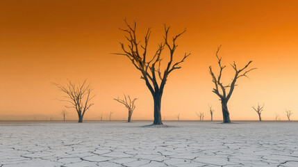 Barren landscape with cracked earth and skeletal trees under a hazy orange sky at sunset or sunrise
