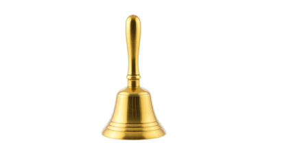 A shiny golden handbell with a handle on a black background in a studio shot with soft lighting