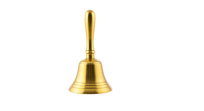 A shiny golden handbell with a handle on a black background in a studio shot with soft lighting