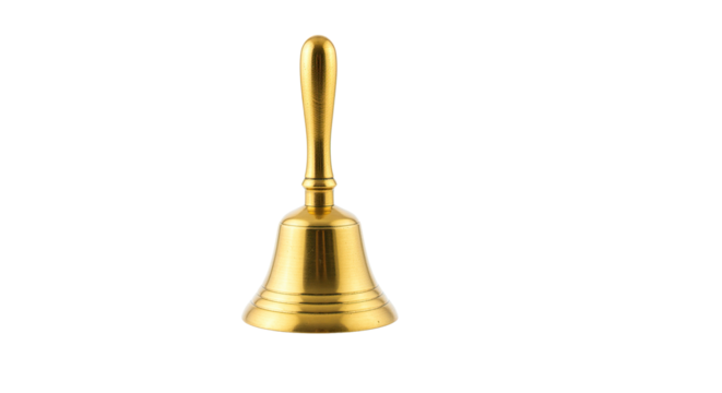 A shiny golden handbell with a handle on a black background in a studio shot with soft lighting