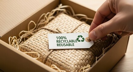 Wicker gift in a cardboard box with a 100% recyclable label signifies eco-friendly packaging and sustainable choices for environmentally conscious gifts.