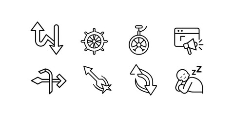 Collection of Simple Line Icons Representing Direction, Navigation, and Communication This image presents a set of nine simple line icons, each representing a different concept related to direction