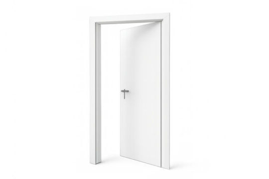 Slightly open white modern door on transparent background, symbolizing new opportunities and the passage to a new beginning