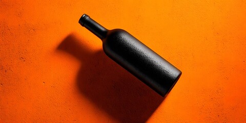 Black wine bottle on orange background still life photography product shot