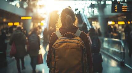 Fototapeta premium A young traveler with a backpack stands in a busy, sunlit train station, observing arrivals and departures.