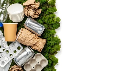 Assorted recycled materials including paper, metal, plastic, and cardboard, arranged on a bed of green moss representing sustainable practices.